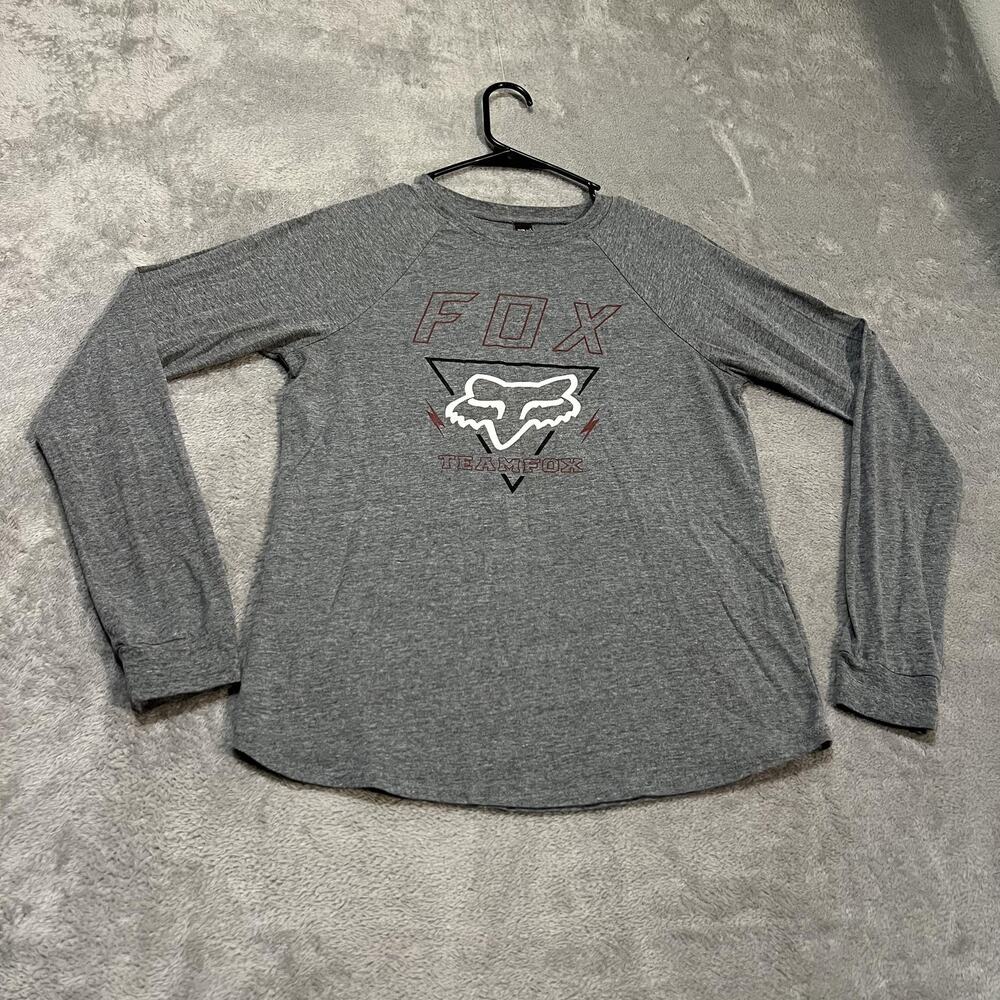 Fox Racing Shirt Womens Medium Gray Long Sleeve Raglan Team Fox Logo Graphic